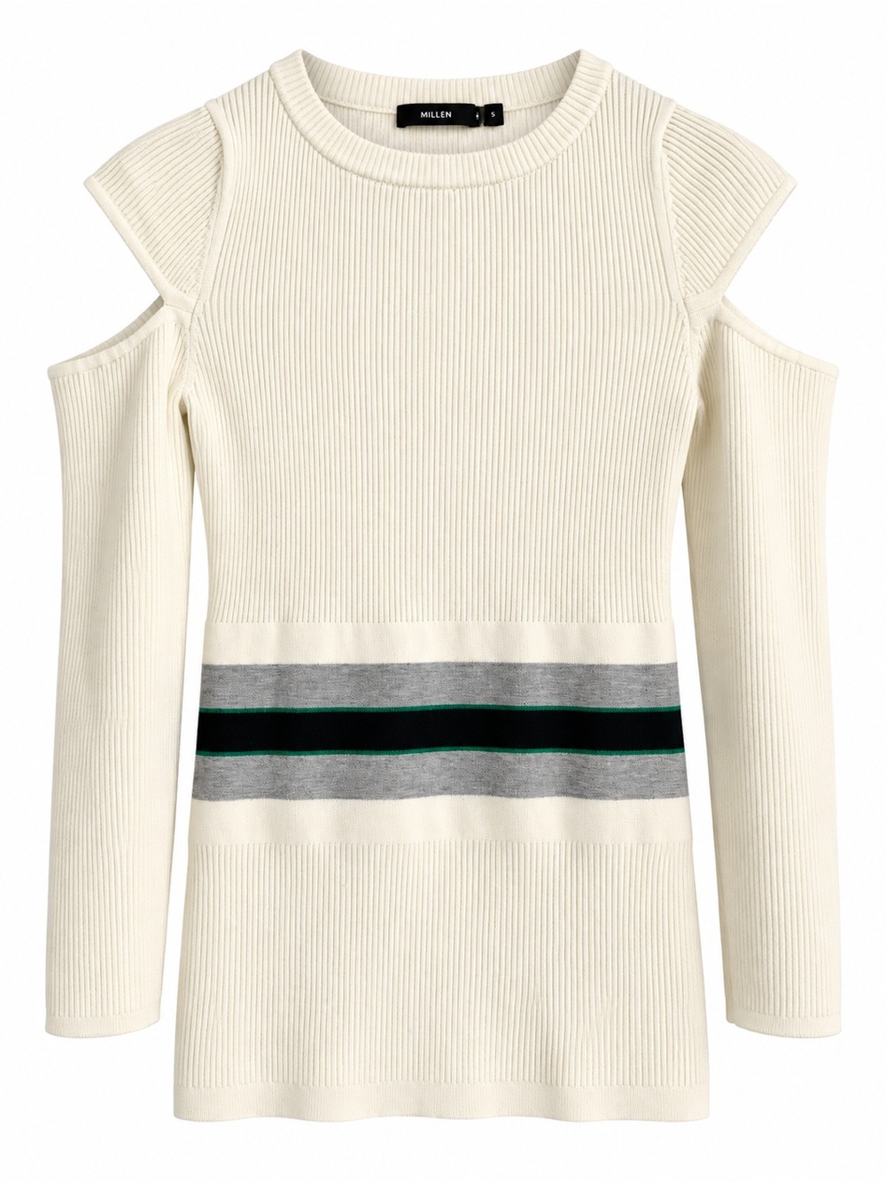 Karen Millen Cream Cold-Shoulder Ribbed Sweater Gray, Black and Green Stripe